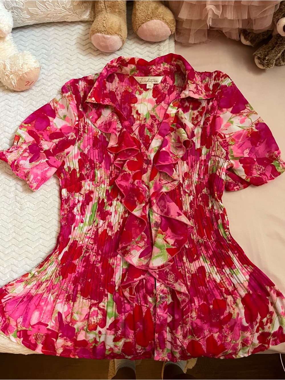 Thrifted Floral Ruffle Front Pink Women's Blouse - Picture 1 of 3
